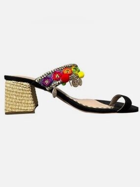 Betsey Johnson Callan Sandals Black Multicolor Coins Pom Poms Size 5.5